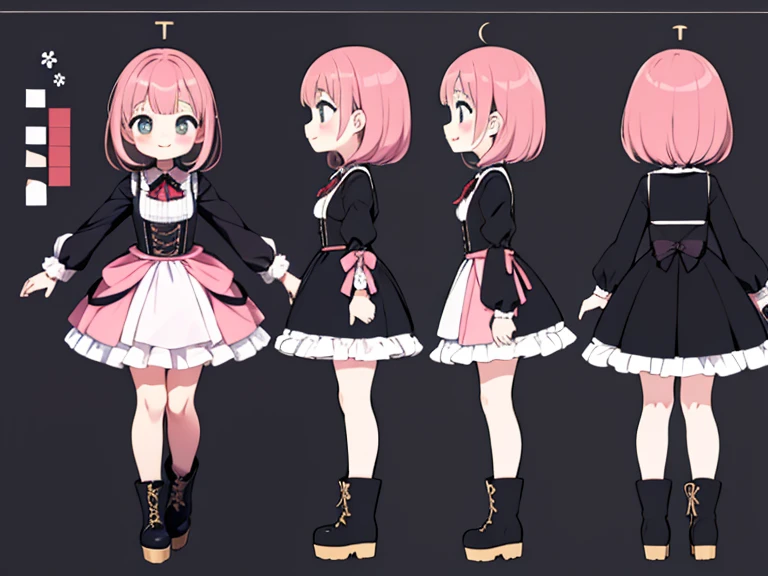 character sheet,masterpiece, highest quality, cute, cute, 1 girl, alone, Mine series,platform boots,pink makeup,T pose,pink weaving,A sloppy smile,close your mouth,Gothic ****ta