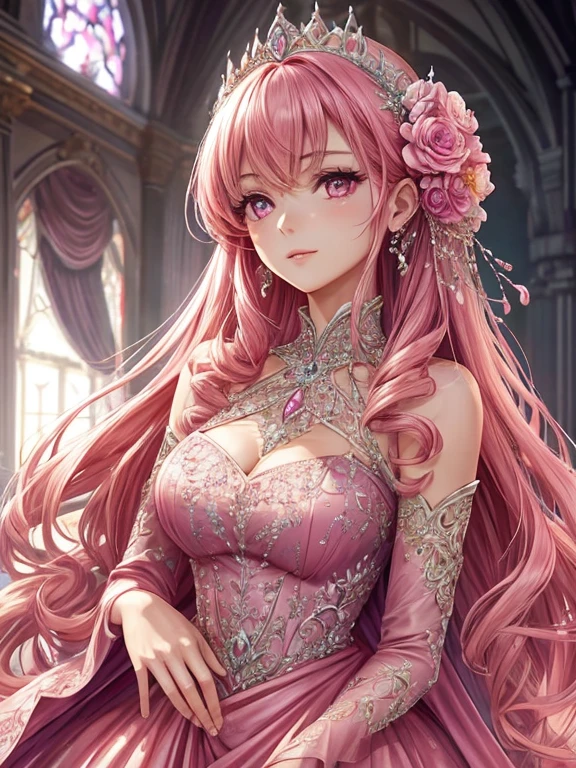 Kuroume_1024, ((shoujo-style, floral background, romance manhwa)), (close up), (1girl:1.2), solo, multicolored hair, inner color, pink hair, blonde hair, solo, long hair, flower, dress, thick eyeblows, flower, straight hair, blaid, smile, closed mouth, collarbone, breast, (cleavage), puffy sleeves, white dress, purple dress, elbow gloves, earrings, necklace, (tiara), jewelry, golden, lace trimmed, bow, face focus, teasing, beautiful face, detailed eyes, pupil, looking at viewer, all intricate