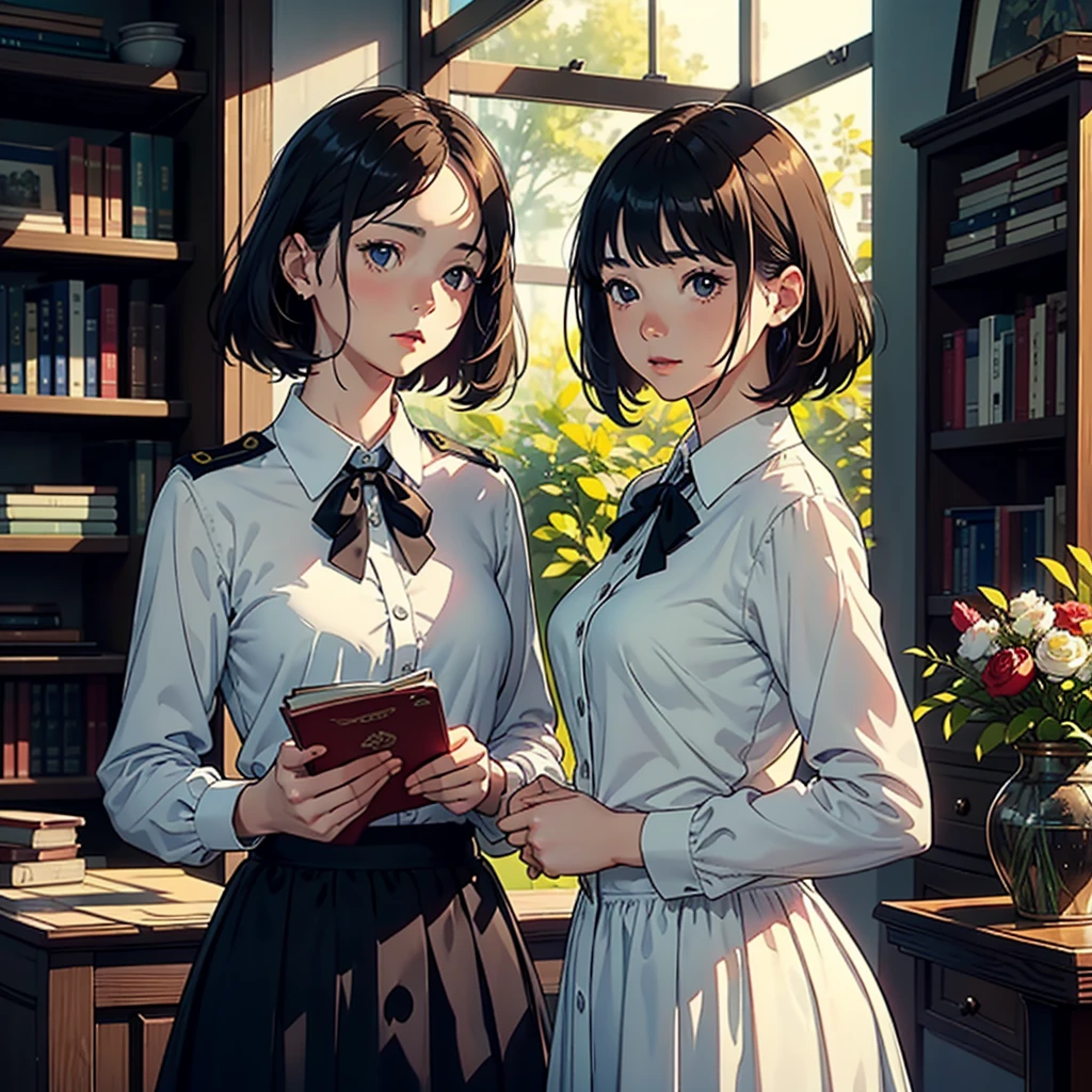 ((Watercolor in Sargent style))、(highest quality、high resolution、masterpiece)、(David Hamilton Style)、(soft focus)、Cinema Angle、cinematic light、soft light、(British traditional public school)、1 woman、23 years old、wonderful、charming beauty、violet evergarden, ((Detailed depiction of a beautiful face))、short black hair、Crisp face、(Detailed facial depiction)、small breasts、small breasts、Sophisticated clothing、((classic uniform))、((long skirt))、(library)、(bookshelf)、Holding a book、perfect hands、(Anatomically accurate depiction of hands and fingers)、(Describe the exact shape of the book)、beautiful environment、calm atmosphere、Calm expression、Quiet moments、Vintage atmosphere、Immerse yourself in reading、bookworm、Thoughtful gaze、classic elegance、 victorian style、A quiet retreat、Majestic bookcase、Traditional atmosphere、Lush green environment、shop window、サイドtable、窓辺のflower、Botanical Garden、table、flower、Foliage plant、wood,