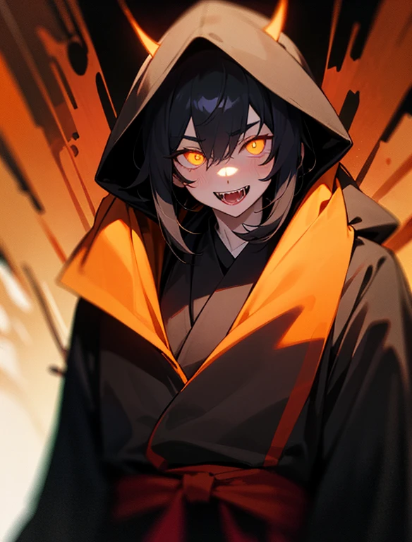 A young man with light pale skin, naturally plump red lips, slight blush, black silky hair, Yellow/orange eyes with slit pupils, sharp canine teeth, fangs, wearing all black robes with hood up, mysterious, shadowy, glowing eyes, 