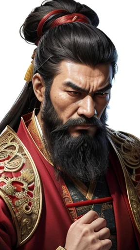 oriental、man in ancient chinese clothes、ancient chinese hairstyle man、three kingdom、multiple warlords、highest quality、masterpiece、ultra high resolution、(realistic:1.4)、game poster、Clear and beautiful image quality、Red clothes、long beard、Embroidered cloth wrapped in a topknot、No background、angry face、desk in front of me