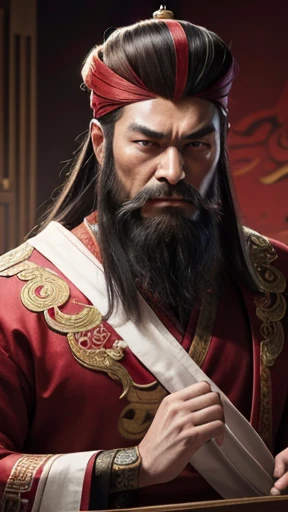 oriental、man in ancient chinese clothes、ancient chinese hairstyle man、three kingdom、multiple warlords、highest quality、masterpiece、ultra high resolution、(realistic:1.4)、game poster、Clear and beautiful image quality、Red clothes、long beard、Embroidered cloth wrapped in a topknot、No background、angry face、desk in front of me