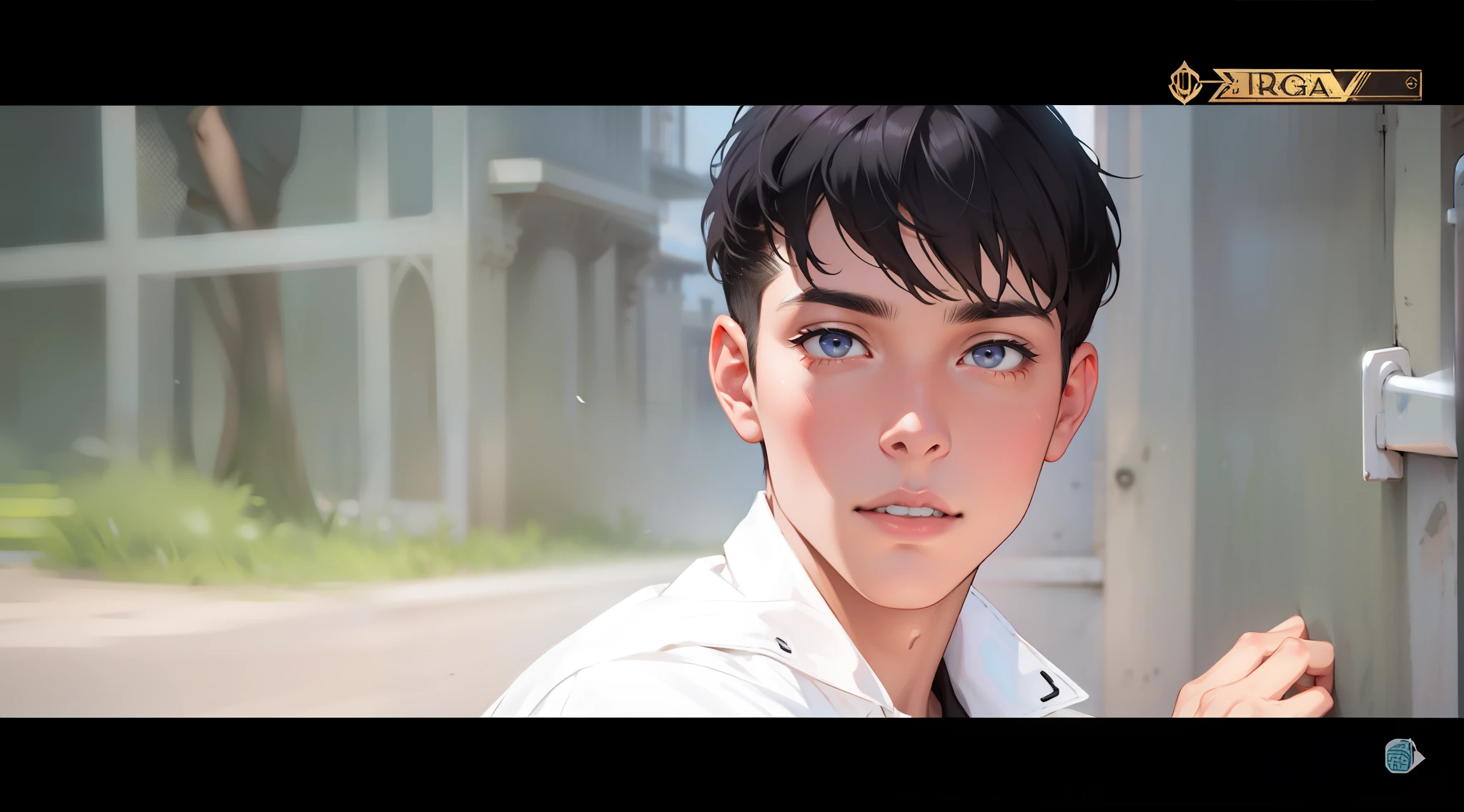 Un joven con cabello negro, Corte en un estilo corto y ordenado, Cara hermosa, penetrantes ojos marrones y una inteligencia astuta, his skin is slightly pale;.