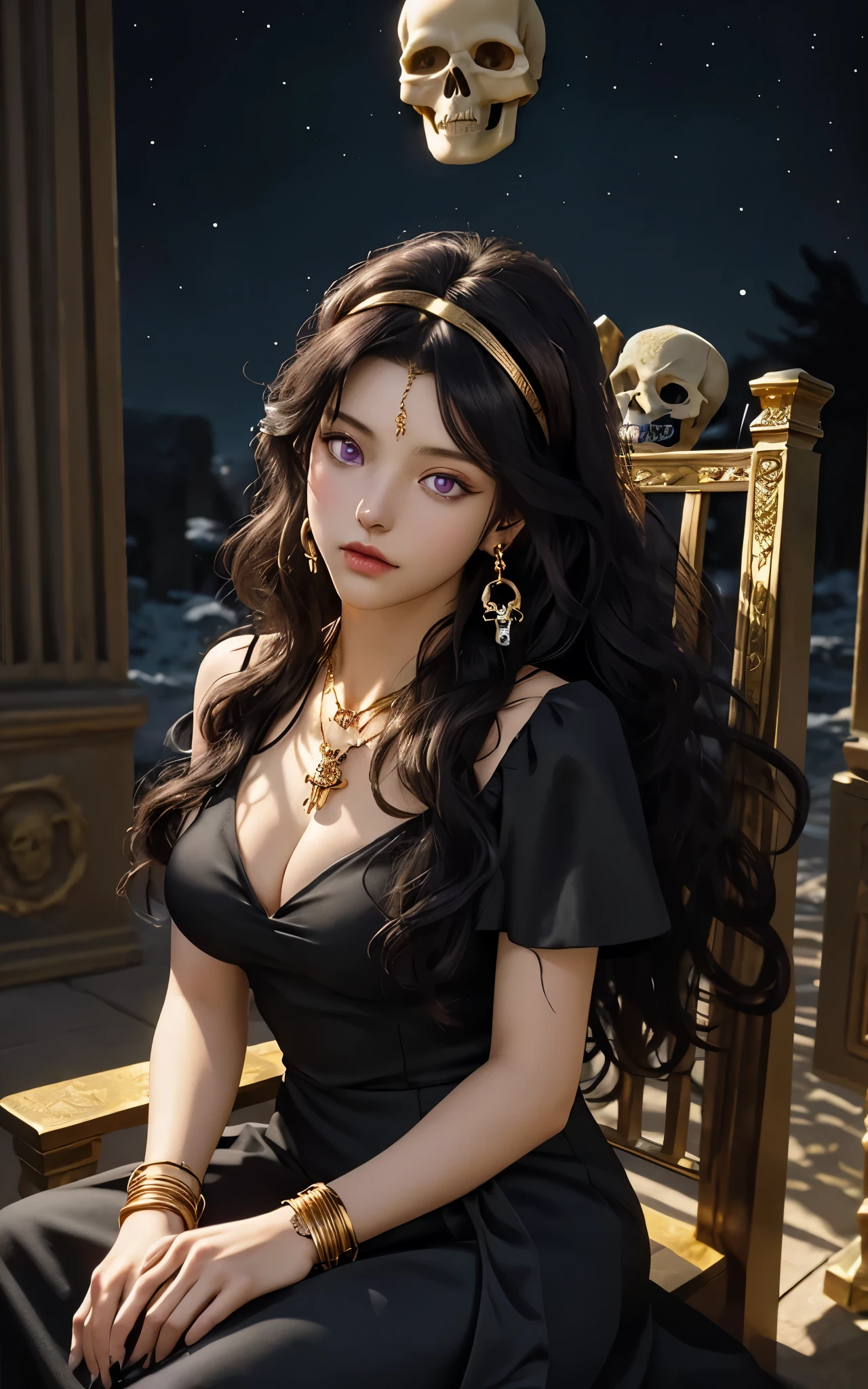 1 girl, solo, details, masterpiece, best quality, photorealistic realism, beautiful girl, long hair, black curly hair, skull headband, gold earrings, purple eyes, beautiful face, skull necklace, perfect body, large breast, open chest, black long dress, skull bracelet, gold earrings, musical instrument , sit on ancient chair, dark sky, dark temple,
