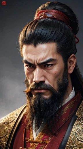 oriental、man in ancient chinese clothes、ancient chinese hairstyle man、three kingdom、multiple warlords、highest quality、masterpiece、ultra high resolution、(realistic:1.4)、game poster、Clear and beautiful image quality、Red clothes、long beard、Embroidered cloth wrapped in a topknot、No background、angry face、desk in front of me
