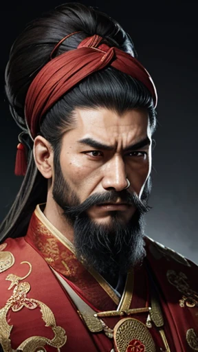 oriental、man in ancient chinese clothes、ancient chinese hairstyle man、three kingdom、multiple warlords、highest quality、masterpiece、ultra high resolution、(realistic:1.4)、game poster、Clear and beautiful image quality、Red clothes、long beard、Embroidered cloth wrapped in a topknot、No background、angry face、desk in front of me