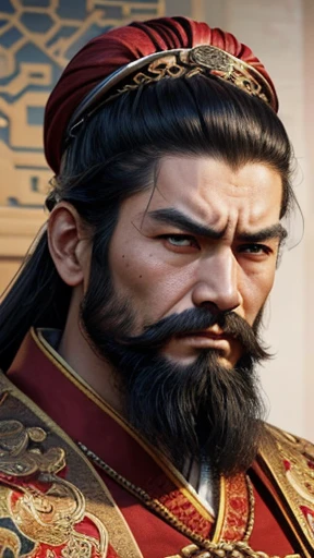 oriental、man in ancient chinese clothes、ancient chinese hairstyle man、three kingdom、multiple warlords、highest quality、masterpiece、ultra high resolution、(realistic:1.4)、game poster、Clear and beautiful image quality、Red clothes、long beard、Embroidered cloth wrapped in a topknot、No background、angry face、desk in front of me