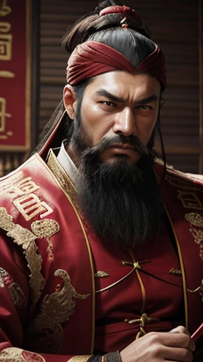 oriental、man in ancient chinese clothes、ancient chinese hairstyle man、three kingdom、multiple warlords、highest quality、masterpiece、ultra high resolution、(realistic:1.4)、game poster、Clear and beautiful image quality、Red clothes、long beard、Embroidered cloth wrapped in a topknot、No background、angry face、desk in front of me
