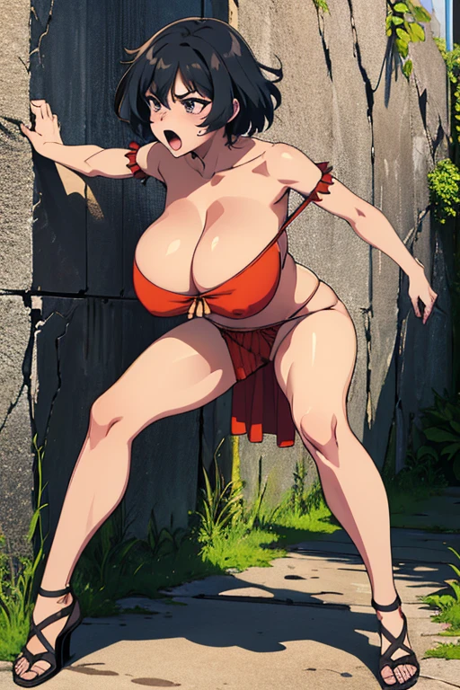 masterpiece, high resolution, best quality, beautiful art, 1 woman, Mii, big breasted, mature woman, cleavage, sexy and revealing outfit, sexy body, full body, ryona, in peril, she is being beaten ans and hit, receiving a slap in her face, reacting to pain, slammed on the wall, pinned onto the wall, wind blows her pelvic curtain exposing her panties, screaming in pain, shocked, bouncing breasts, jungle environment