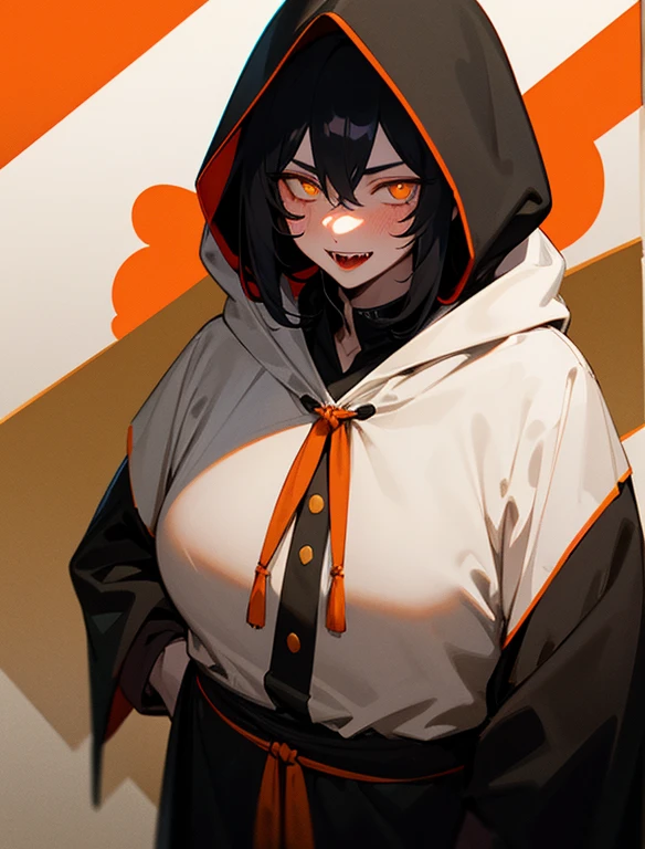 A young man with light pale skin, naturally plump red lips, slight blush, black silky hair, Yellow/orange eyes with slit pupils, sharp fangs, wearing all black robes with hood up, mysterious, shadowy,
