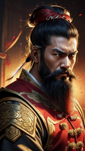 oriental、man in ancient chinese clothes、ancient chinese hairstyle man、three kingdom、multiple warlords、highest quality、masterpiece、ultra high resolution、(realistic:1.4)、game poster、Clear and beautiful image quality、Red clothes、long beard、Embroidered cloth wrapped in a topknot、No background、angry face、desk in front of me