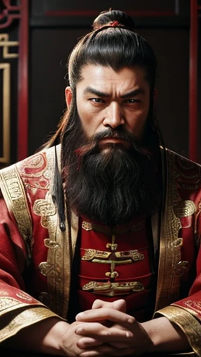 oriental、man in ancient chinese clothes、ancient chinese hairstyle man、three kingdom、multiple warlords、highest quality、masterpiece、ultra high resolution、(realistic:1.4)、game poster、Clear and beautiful image quality、Red clothes、long beard、Embroidered cloth wrapped in a topknot、No background、angry face、desk in front of me