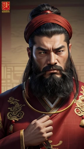 oriental、man in ancient chinese clothes、ancient chinese hairstyle man、three kingdom、multiple warlords、highest quality、masterpiece、ultra high resolution、(realistic:1.4)、game poster、Clear and beautiful image quality、Red clothes、long beard、Embroidered cloth wrapped in a topknot、No background、angry face、desk in front of me