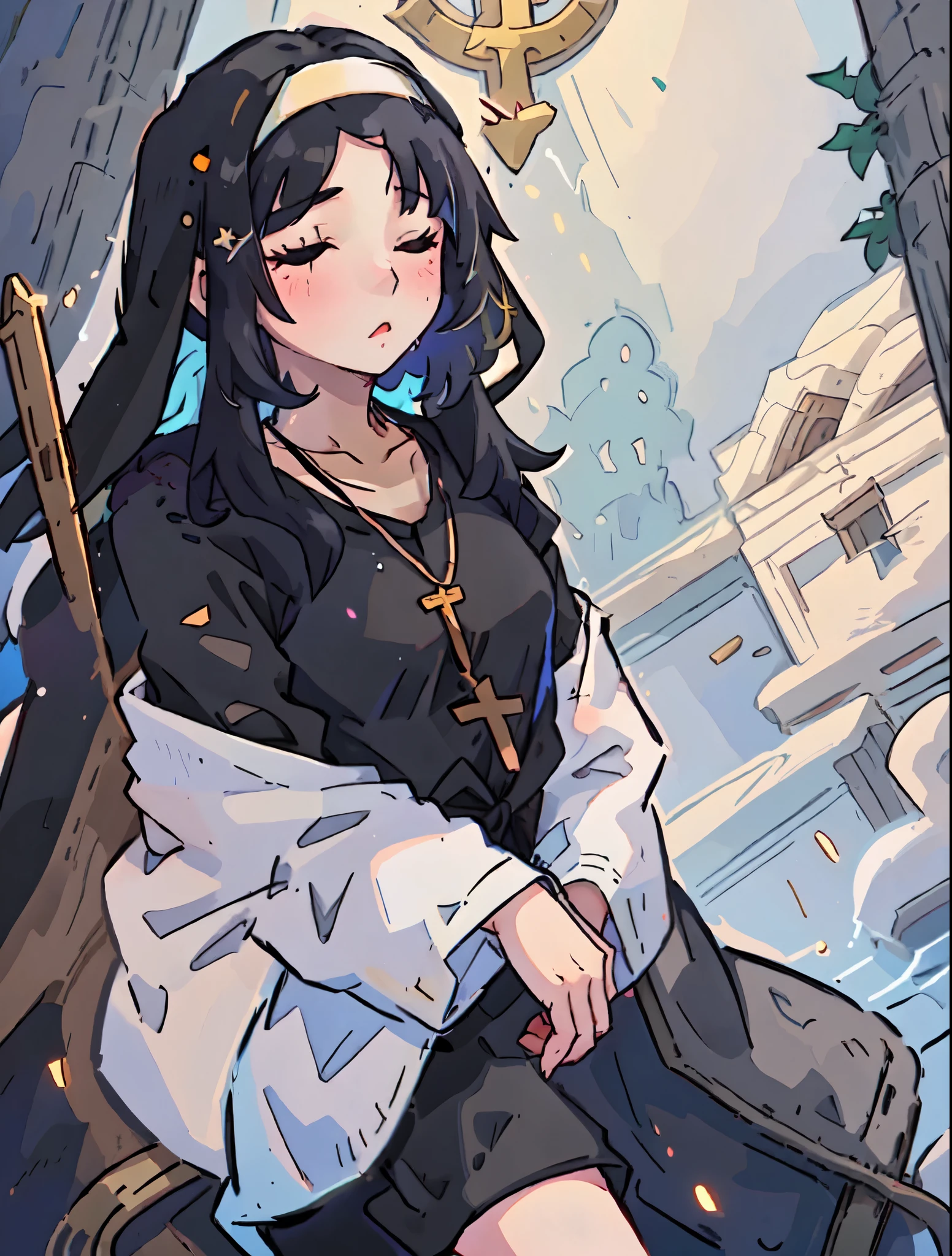Accentuating Girls&#39; Black Medium Hair，tying hair，Close your eyes。Description of girl wearing nun costume，Black deep V robe，with cross necklace。Highlight the look of a girl in a church setting。Describe the sacred atmosphere, soft light，