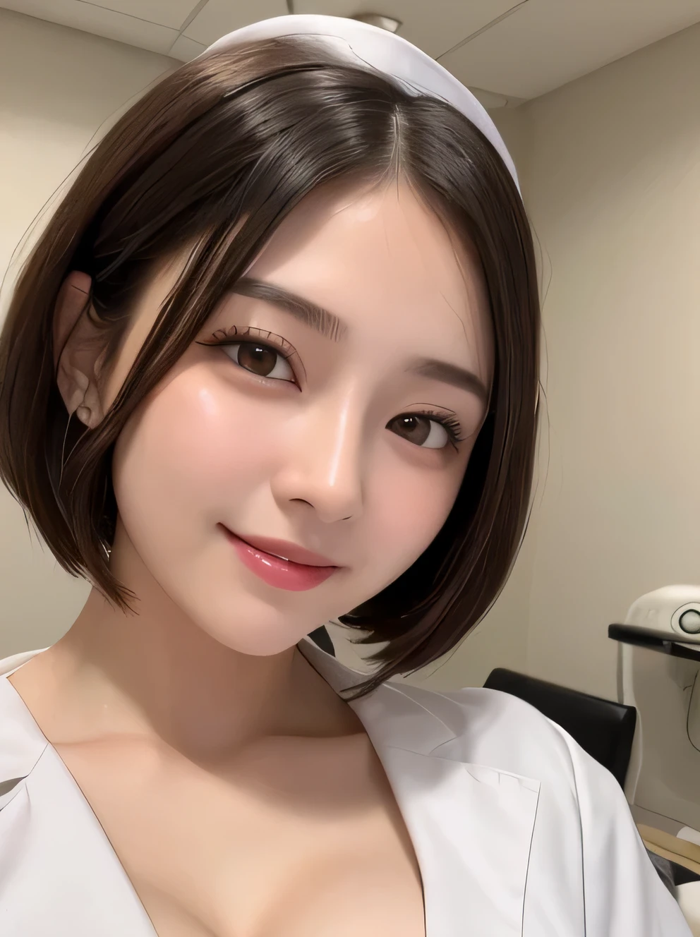 born, 8K, photo-realistic, highest quality, shape, detailed face, High resolution, 8K wallpaper, perfect dinamic shape, 1 girl, beautiful and detailed eyes, natural look, gentle expression, (White nurse attire:1.2), bob hair, natural color lip, random sexy pose, (enchanting smile:1.2), erotic feelings, charming smile, 20-year-old, big breasts、(cleavage:1.3), looking at the viewer, Hospital Rooms,