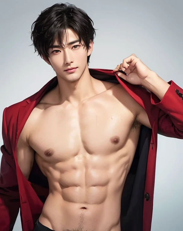 ((High quality)), ((masterpiece)), ((highly detailed)), perfect face, realistic, ((man)), ((Asian)), young, black hair, comma hair cut style, ((handsome)), detailed eyes, beautiful detailed nose, realistic body, realistic light, comfortable expressions, cute guy, sweat guy, cool guy, mascular body, shirtless