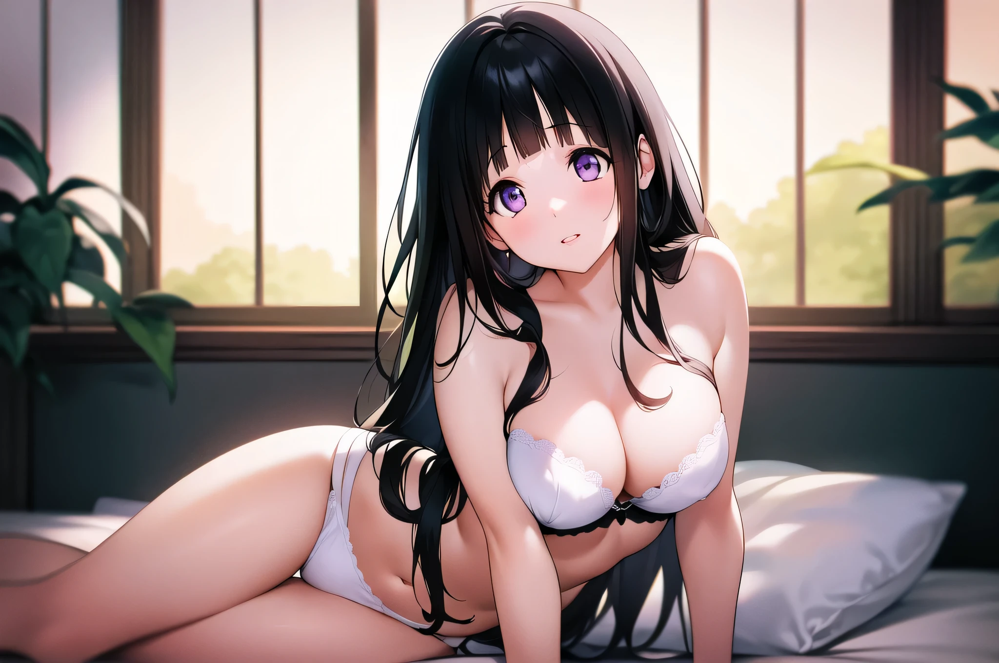 (A superb exquisite Chitanda Eru), purple eyes, black hair, natural straight hair, straight bangs, solo, nature, extremely delicate, straight facial features, peerless beautiful girl, soft, (sensual face), ((ecchi face)), dreamy quality, exaggerated facial features, solid color, frank holly, delicate face, bright lips, slender waist, soft curves, real light and shadow, super fine, 4k, natural moving, Ultra high resolution, (masterpiece:1.2, best quality), (finely detailed beautiful eyes: 1.2), (beautiful detailed face), sexy semi-nude model, sexy pose, Ultra high definition white bra and panties, erect nipples,Medium chest, slender body, (bedroom),