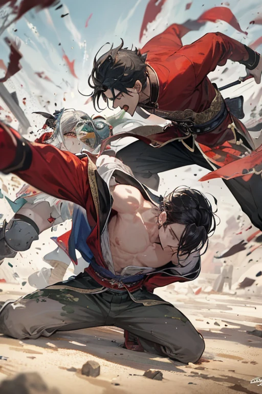 The battle between two men, a brutal battlefield scene in ancient Chinese style