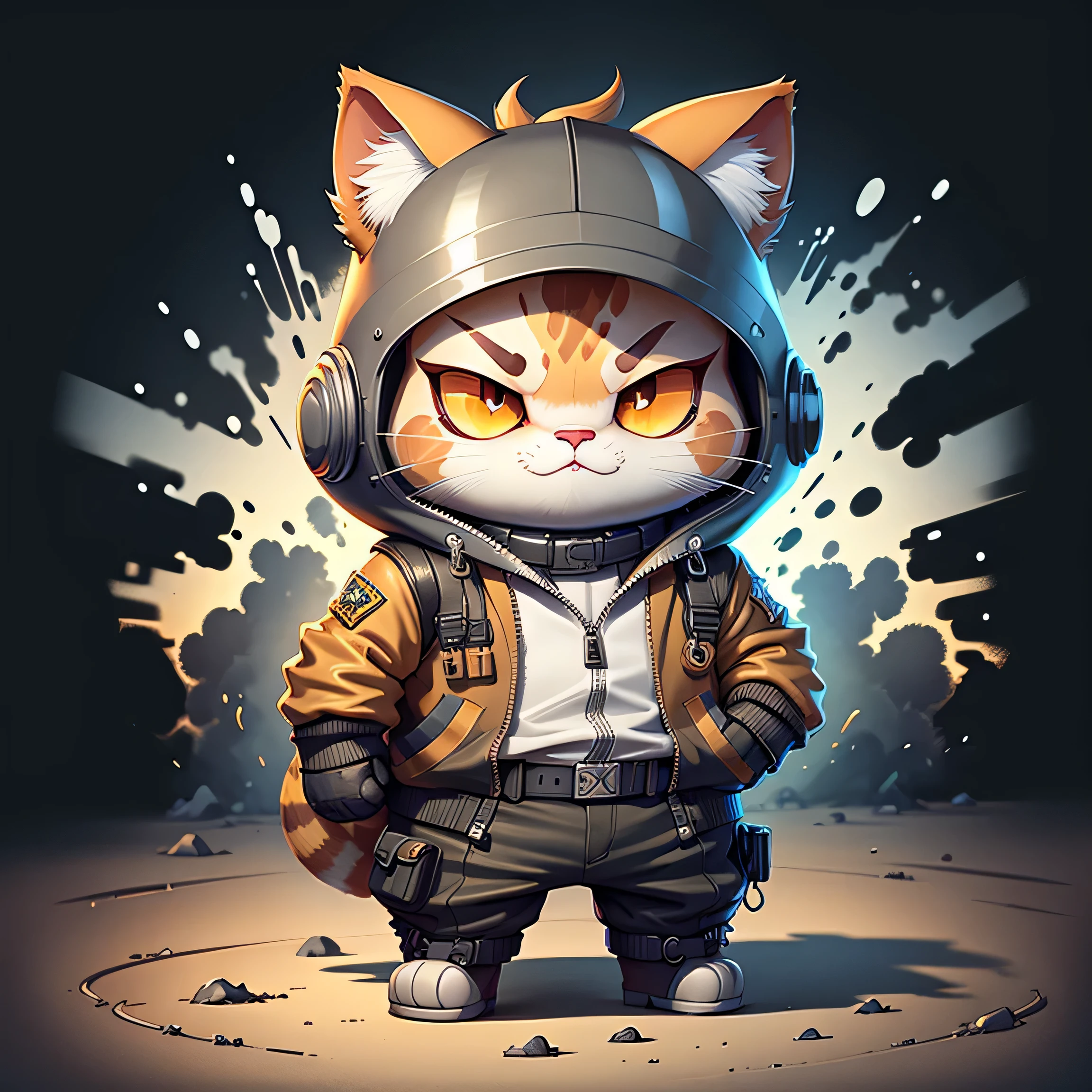 C4tt4stic, Wear explosion-proof clothing, Cat,There is a gun in the hand,Wear a riot helmet,The expression is cute,Half body,Black and white hair
