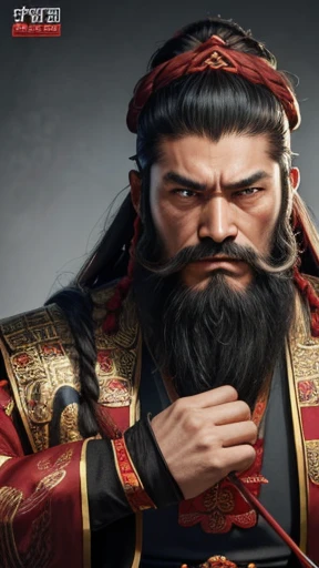 oriental、man in ancient chinese clothes、ancient chinese hairstyle man、three kingdom、multiple warlords、highest quality、masterpiece、ultra high resolution、(realistic:1.4)、game poster、Clear and beautiful image quality、Red clothes、long beard、Embroidered cloth wrapped in a topknot、No background、angry face、desk in front of me