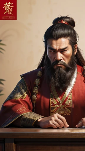 oriental、man in ancient chinese clothes、ancient chinese hairstyle man、three kingdom、multiple warlords、highest quality、masterpiece、ultra high resolution、(realistic:1.4)、game poster、Clear and beautiful image quality、Red clothes、long beard、Embroidered cloth wrapped in a topknot、No background、angry face、desk in front of me