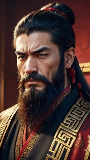oriental、man in ancient chinese clothes、ancient chinese hairstyle man、three kingdom、multiple warlords、highest quality、masterpiece、ultra high resolution、(realistic:1.4)、game poster、Clear and beautiful image quality、Red clothes、long beard、Embroidered cloth wrapped in a topknot、No background、angry face、desk in front of me