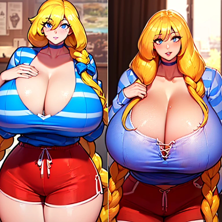 ((masterpiece)), ((best quality)), (ultra-detailed), absurdres, extremely detailed CG unity 8k wallpaper, Official Art, (realistic), beautiful face, detailed hands, expressive eyes, upper body, close up, solo, (scenery, illustration, dramatic lighting:1.1), (standing, arm at side, seductive smile, parted lips:1.2), (1girl, older girl, onee-san, big sister, wide hips, narrow waist, gigantic breasts, older, cassie, theycallhimcake, blonde hair, very long hair, braid, bow, striped shirt, red shorts, blue shirt, long sleeves, cleavage, sharp eyelashes, thick lips:1.4), ((masterpiece)), absurdres, HDR