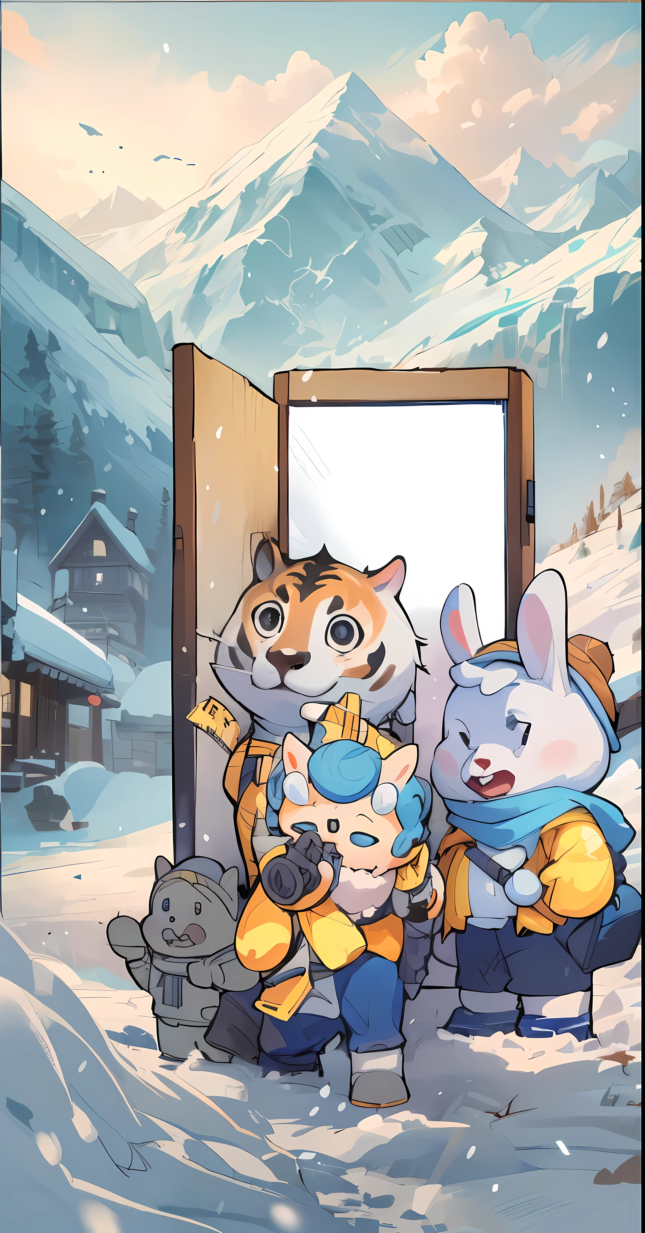(best quality,4K,high resolution:1.2),Super detailed,(actual,photo-actual:1.37),Cartoonish,animal,permanent,Same clothes, In front of the door, Full page illustration, Detailed fanart, snowy, snow mountain, outdoor, adventure, official artwork, Full page illustration, portfolio illustration, comic book art, Cold snow outside