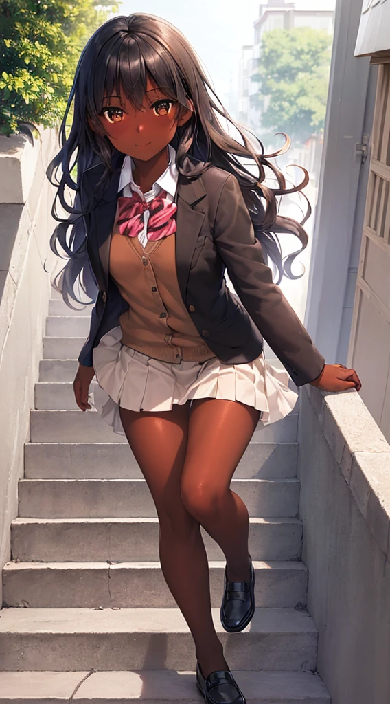 ((tabletop, best quality,high quality,work of art,high resolution, nffsw, pixel perfect, 8K HD, nffsw, nffsw))), 1 black girl, single, alone, beauty、full body seen、 ((medium wavy hair, bangs, dark shiny skin , dark skin, black hair,dark skin)), ((brown eyes, beautiful eyelashes, realistic eyes)), ((detailed face, blush: 1.2)), ((soft texture: 0.75, realistic texture: 0.65, photorealistic: 1.1, anime style CG)), medium breasts, dynamic angle, perfect body, ((red bow tie, school uniform, black jacket, open jacket, brown cardigan, white shirt, black skirt, skirts chess)), City staircase、Looking up the stairs from below、Very embarrassing panic smile, I turned around、leaning forward、(The wind blew my skirt and exposed my butt......... ... ..... ..、Touch the buttocks with both hands、Light pink floral lace panties)、