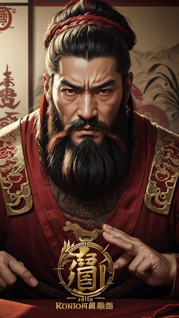 oriental、man in ancient chinese clothes、ancient chinese hairstyle man、three kingdom、multiple warlords、highest quality、masterpiece、ultra high resolution、(realistic:1.4)、game poster、Clear and beautiful image quality、Red clothes、long beard、Embroidered cloth wrapped in a topknot、no background、angry face、desk in front of me