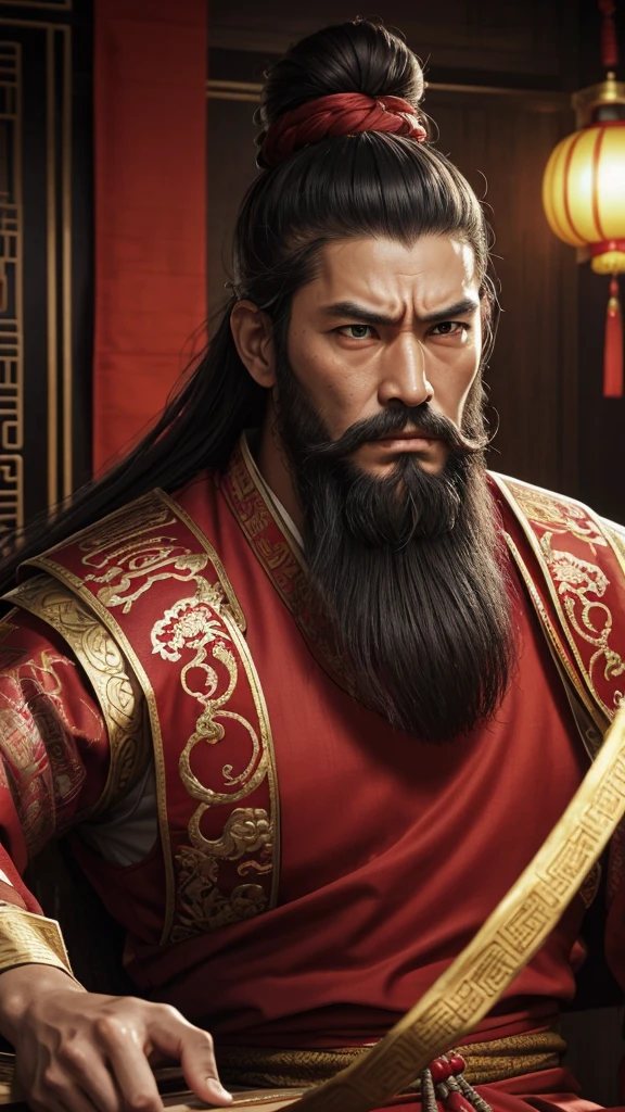 oriental、man in ancient chinese clothes、ancient chinese hairstyle man、three kingdom、multiple warlords、highest quality、masterpiece、ultra high resolution、(realistic:1.4)、game poster、Clear and beautiful image quality、Red clothes、long beard、Embroidered cloth wrapped in a topknot、no background、angry face、desk in front of me