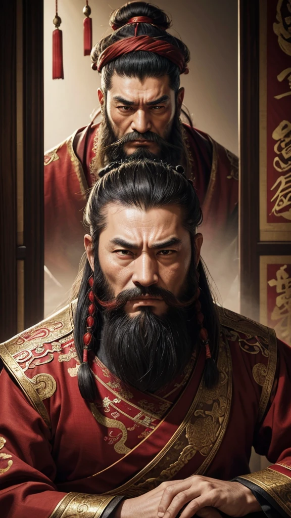 oriental、man in ancient chinese clothes、ancient chinese hairstyle man、three kingdom、multiple warlords、highest quality、masterpiece、ultra high resolution、(realistic:1.4)、game poster、Clear and beautiful image quality、Red clothes、long beard、Embroidered cloth wrapped in a topknot、no background、angry face、desk in front of me
