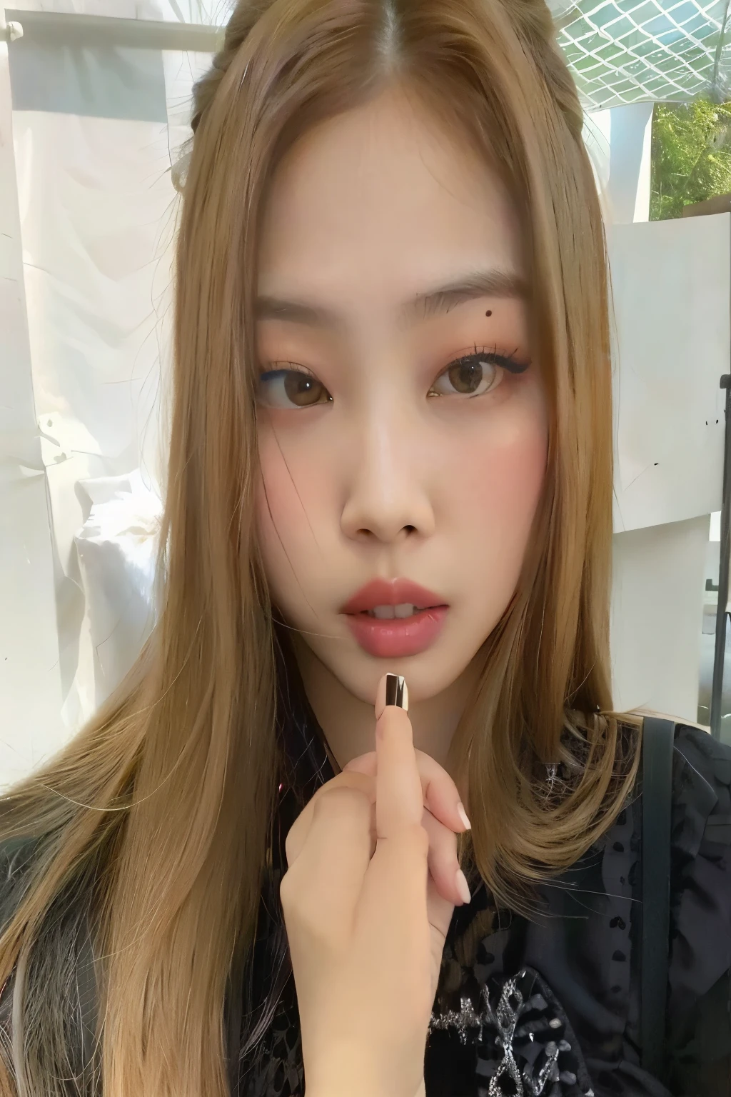 A closeup of a woman with a finger on her lips, jennie blackpink, parque roseanne de blackpink, jossi do blackpink, portrait of jossi do blackpink, Lalisa Manoban do Blackpink, Lalisa Manobal, Heonhwa Choe, Sun Yunjoo, cl, Jisoo do Blackpink, jaeyeon nam, gongbi, tzuyu de duas vezes