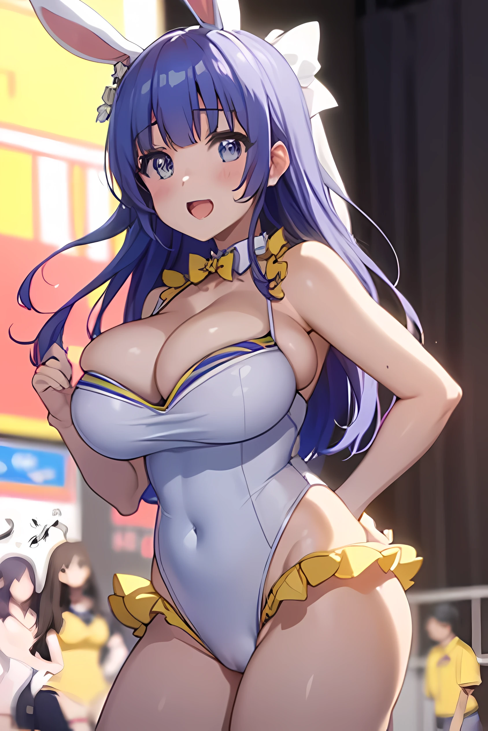 masterpiece), (best quality), (ultra-detailed), (depth of field), (super animetic illustration), (4k), multiple bunny girl,cute anime idol,best smile, an uplifting mood, a little lonely eyes,(white school swimsuit:1.3), bunny girl, bunny girl cufflinks, bunny girl collar, bow tie, bunny girl tail, stockings, Goodbye Year of the Rabbit, Let's sing and dance grandly and say goodbye!, launch party, countdown festival, rabbit girls dancing,dance hall, mirror ball, shining lights, colorful lights,