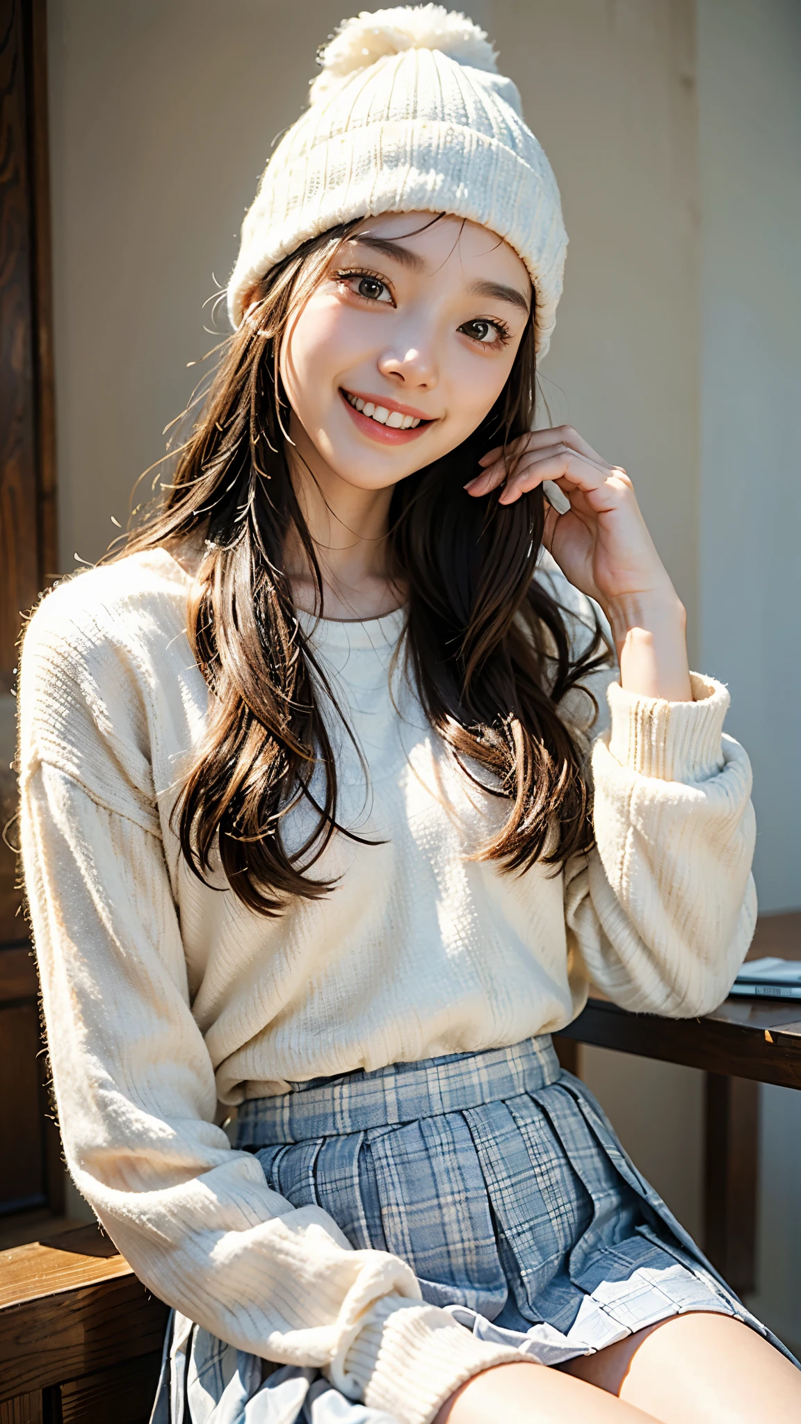 highest quality, masterpiece, ultra high resolution, (realistic:1.4), (close portrait) Raw photo, 1 girl, 22 years old, (A-line check pleated skirt),(white knit hat),,masterpiece, realistic pictures, japanese pictures, fuji negative film, saturation, contrast, Pocari Sweat Advertisement ((small breasts)),((smiling showing teeth)),long hair,brown hair,