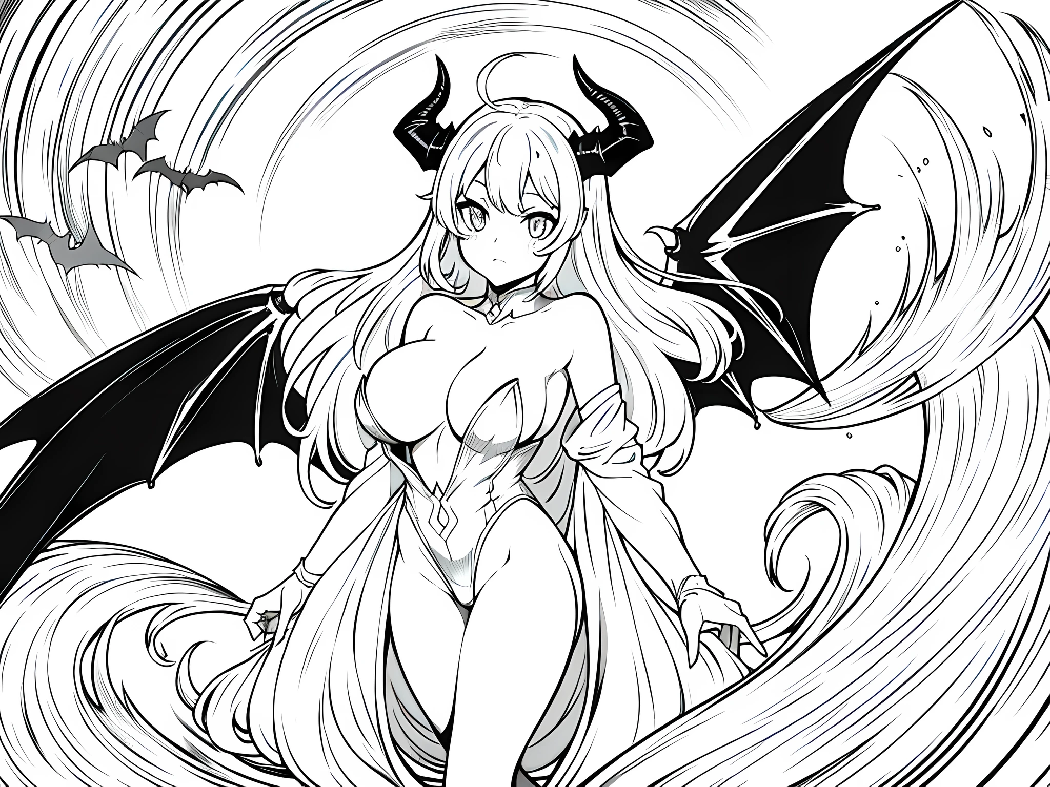1 succubus woman, (demon horns, bat wings) big breast, black hair, long hair, face to detail, detailed eyes, standing on the ground, manga artstyle, manga style, monochrome (clear line, lineart), half-body illustration