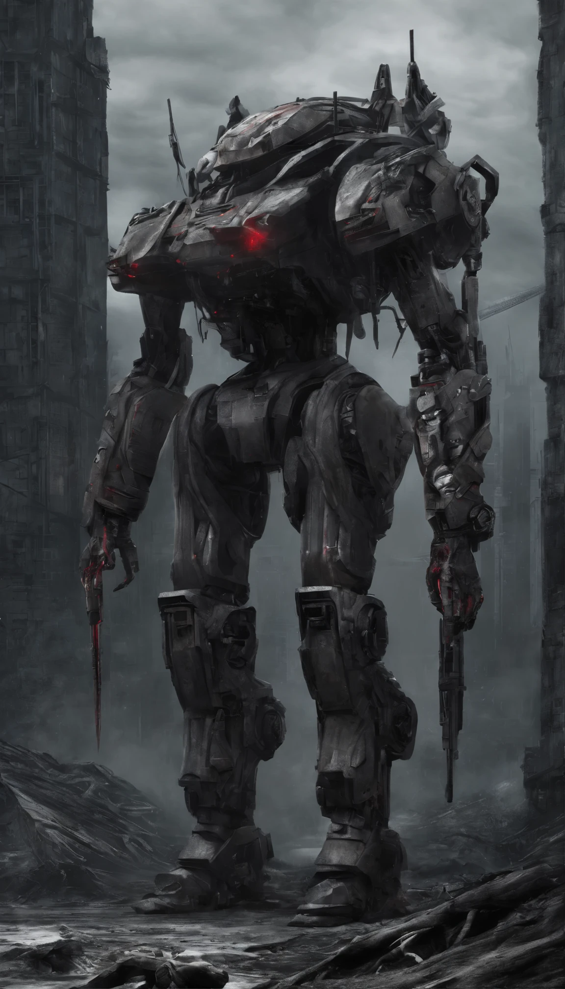 Generate an artwork featuring a large, menacing mechanical creature with sleek, dark surfaces highlighted by red stripes. It should have multiple limbs, each ending in sharp blades. Accompanying this creature is a smaller figure in detailed armor, holding onto one of the creature's limbs. The setting is a desolate landscape with a dark and stormy atmosphere.