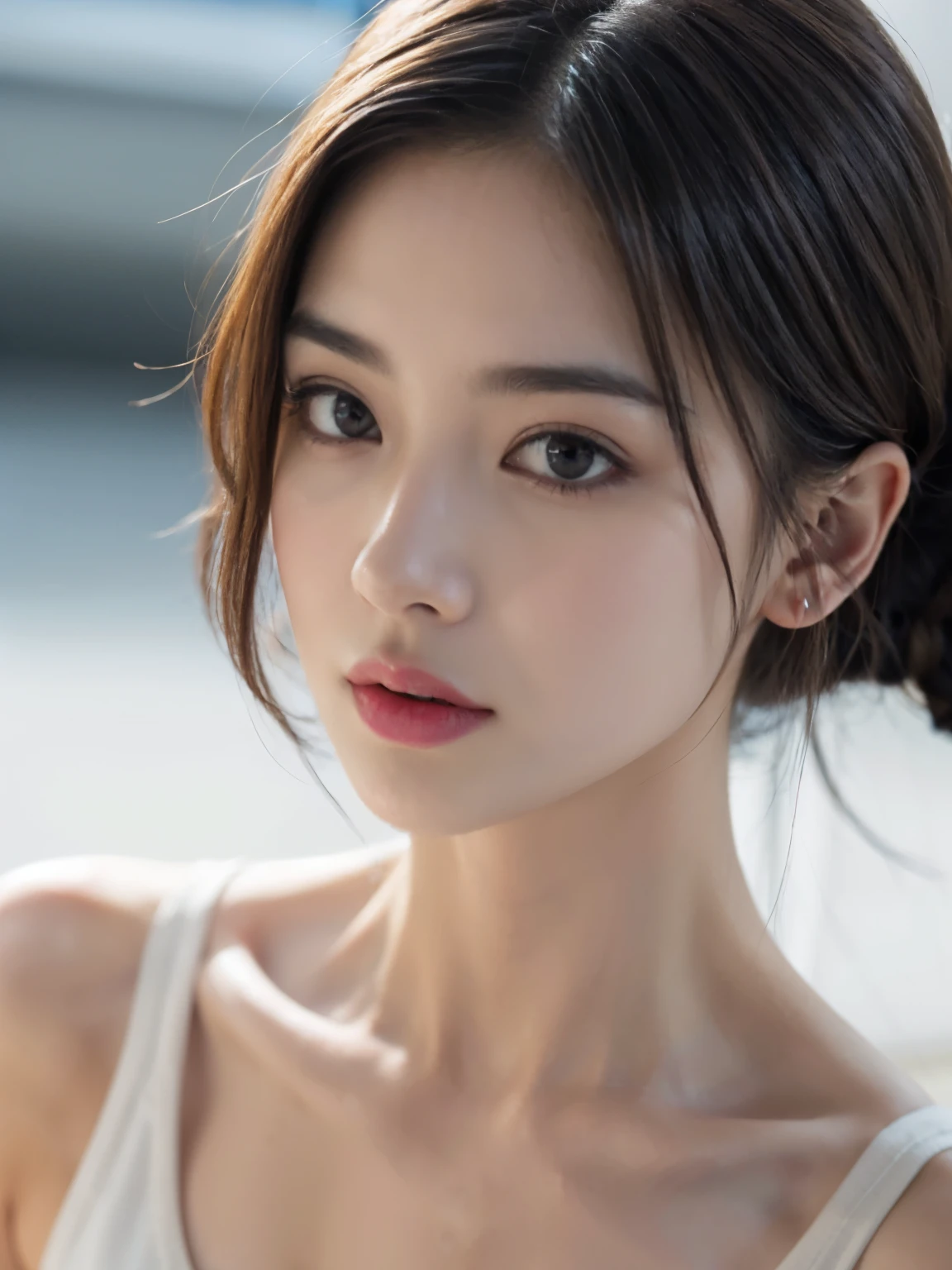masterpiece、one beautiful girl、fine eyes、highest quality, 超High resolution, (reality: 1.4), cinematic lighting、19 years old、Japanese、asian beauty、super beautiful、Shining beautiful skin、thin、(超reality的な)、(High resolution)、(8K)、(best illustrations)、(beautiful detailed eyes)、(Super detailed)、 (wallpaper)、detailed face、the lighting is bright、professional lighting、look at the audience、look straight ahead、(dynamic pose, dynamic angle:1.3), random pose, random angle,