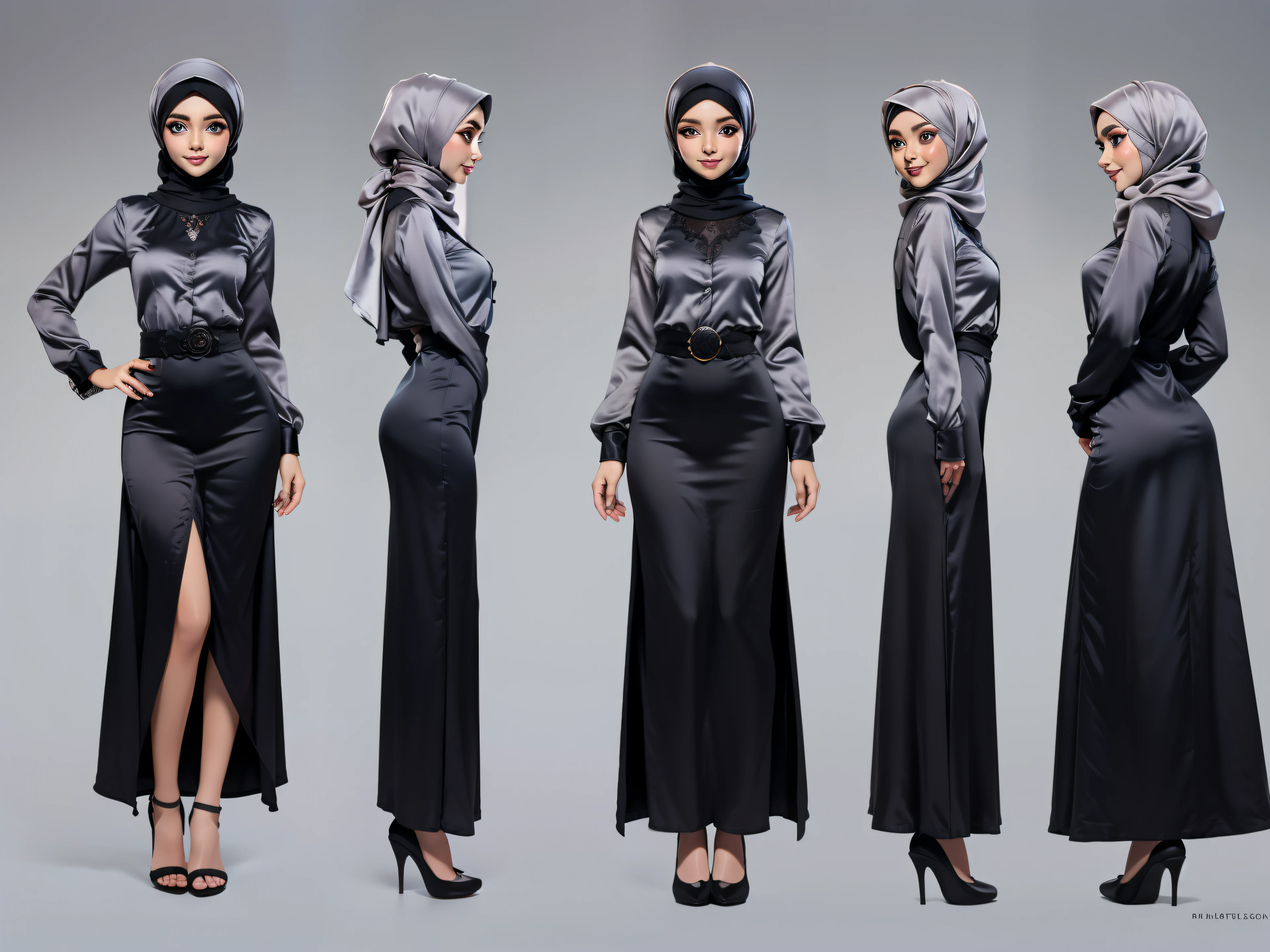 3dmm style, ((Masterpiece, best quality, photography, detailed skin, realistic, photo-realistic, 3D Character Design, pixar, real cartoon, High detail RAW colour art, diffused soft lighting, shallow depth of field, sharp focus, hyperrealism, cinematic lighting, ((close up)) hijab, a turkish lady, beautifully makeup, brown beautiful big eyes, long eye lashes, wearing ((Gray satin hijab)), loosely tide hijab style, ((gray satin shirt)), ((black satin long skirt)), black stilettos shoes.