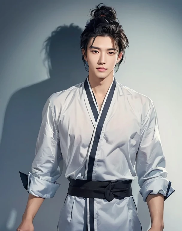 ((High quality)), ((masterpiece)), ((highly detailed)), perfect face, realistic, ((man)), ((Asian)), young, black hair, comma hair cut style, ((handsome)), detailed eyes, beautiful detailed nose, realistic body, realistic light, comfortable expressions, cute guy, sweat guy, cool guy, mascular body, shirtless