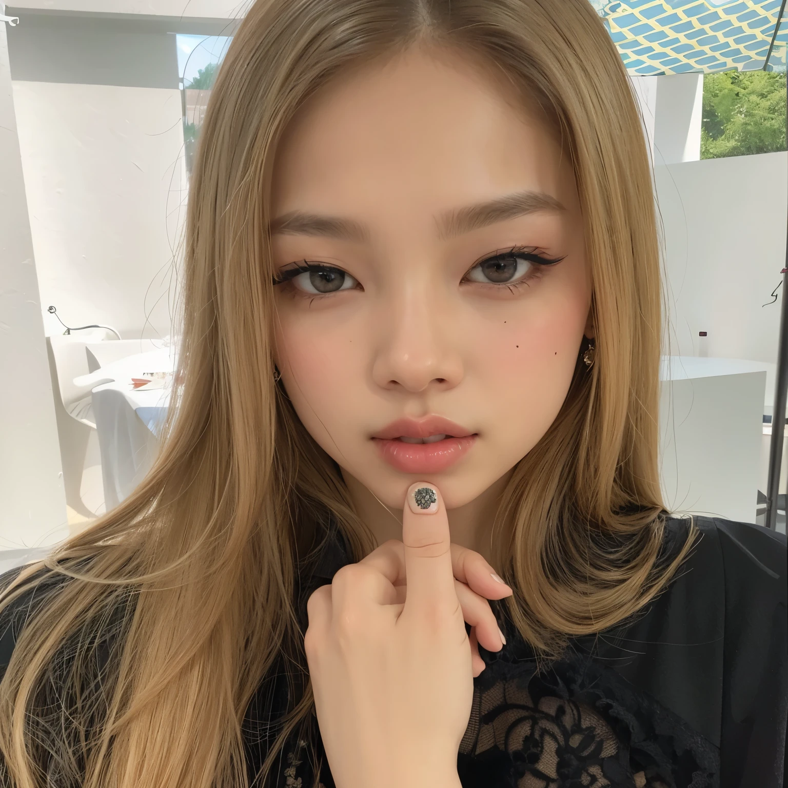A closeup of a woman with a finger on her lips, jennie blackpink