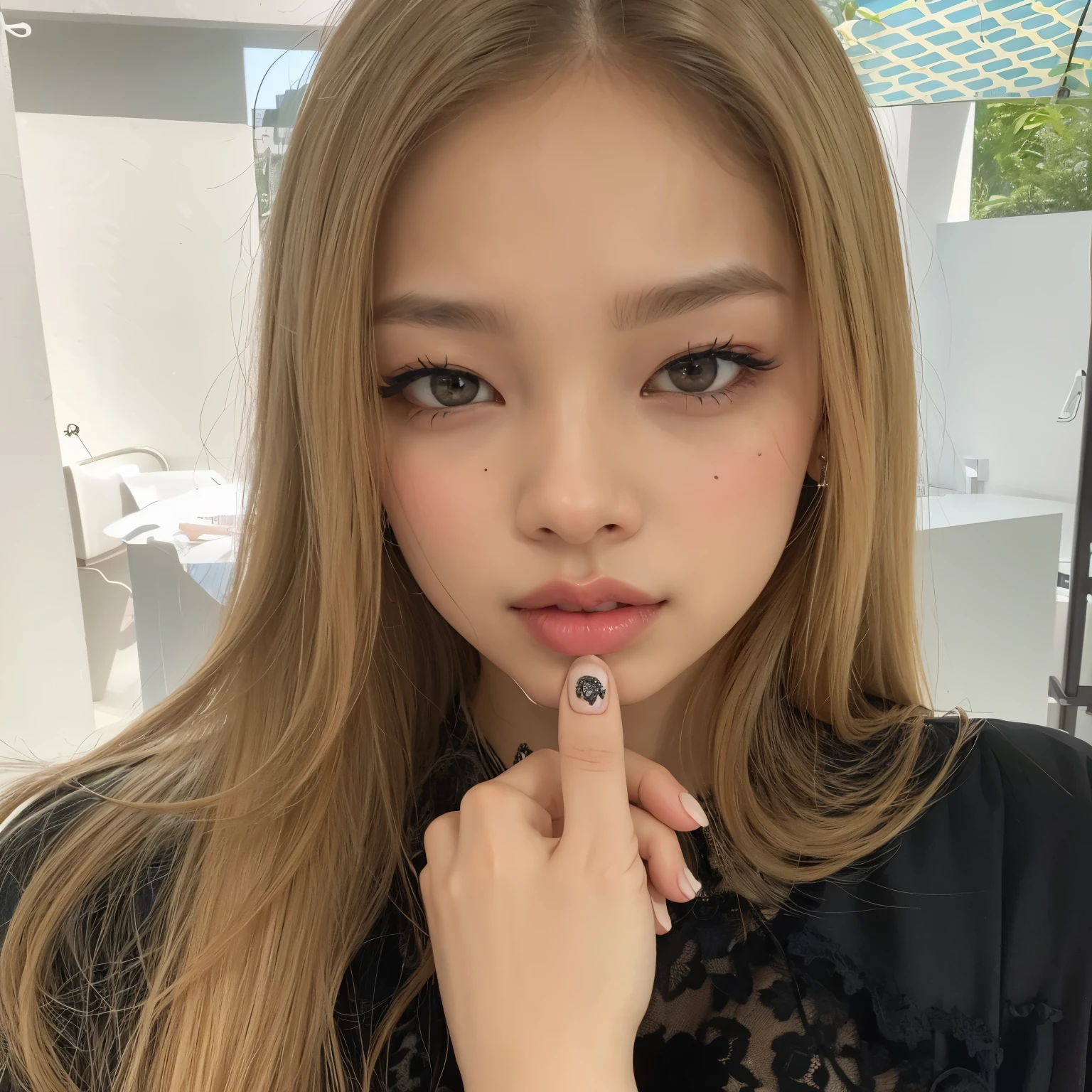 A closeup of a woman with a finger on her lips, jennie blackpink