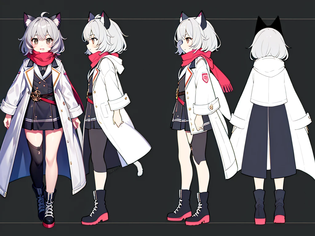 Reference Sheet,character sheet,masterpiece, wonderful, 1 girl, gray hair, medium long hair, Cat ear, looking at the audience, :3, cute, scarf, Jacket, white background, tooth, high quality, UHD