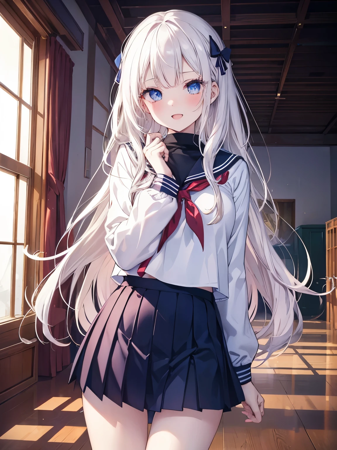 masutepiece, Highest Quality, (Perfect face:1.1), (high detailing:1.1), (ultradetailed eyes), Dramatic, superfine illustration, Extremely detailed, 1girl in, (pale skin), long white hair, Ethereal eyes, Blue eyes,tareme, ,blush,Solo,Smile, Happy, Laugh together,Enjoy,open mouth, Pouty lips,Cinematic lighting, Looking at Viewer, Cowboy Shot,Long sleeve, long sleeve,school uniform, sailor suit,NAVY skirt,school,indoor
