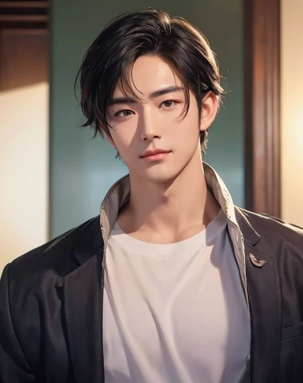 (head shot), (handsome high school muscular boy), (he is showing his chest and wearing school blazer),  handsome muscular high school man in the classroom of high school,  mischievous smile, (details: 1 1), natural muscles, high quality, beautiful eyes, (detailed face and eyes), ( No face: 1 2), noise, real photo、... PSD, Sharp Focus, High Resolution 8k, Real & Professional Photography, 8K UHD, Soft Lighting, High Quality, Film Grain, FUJIFILM XT3