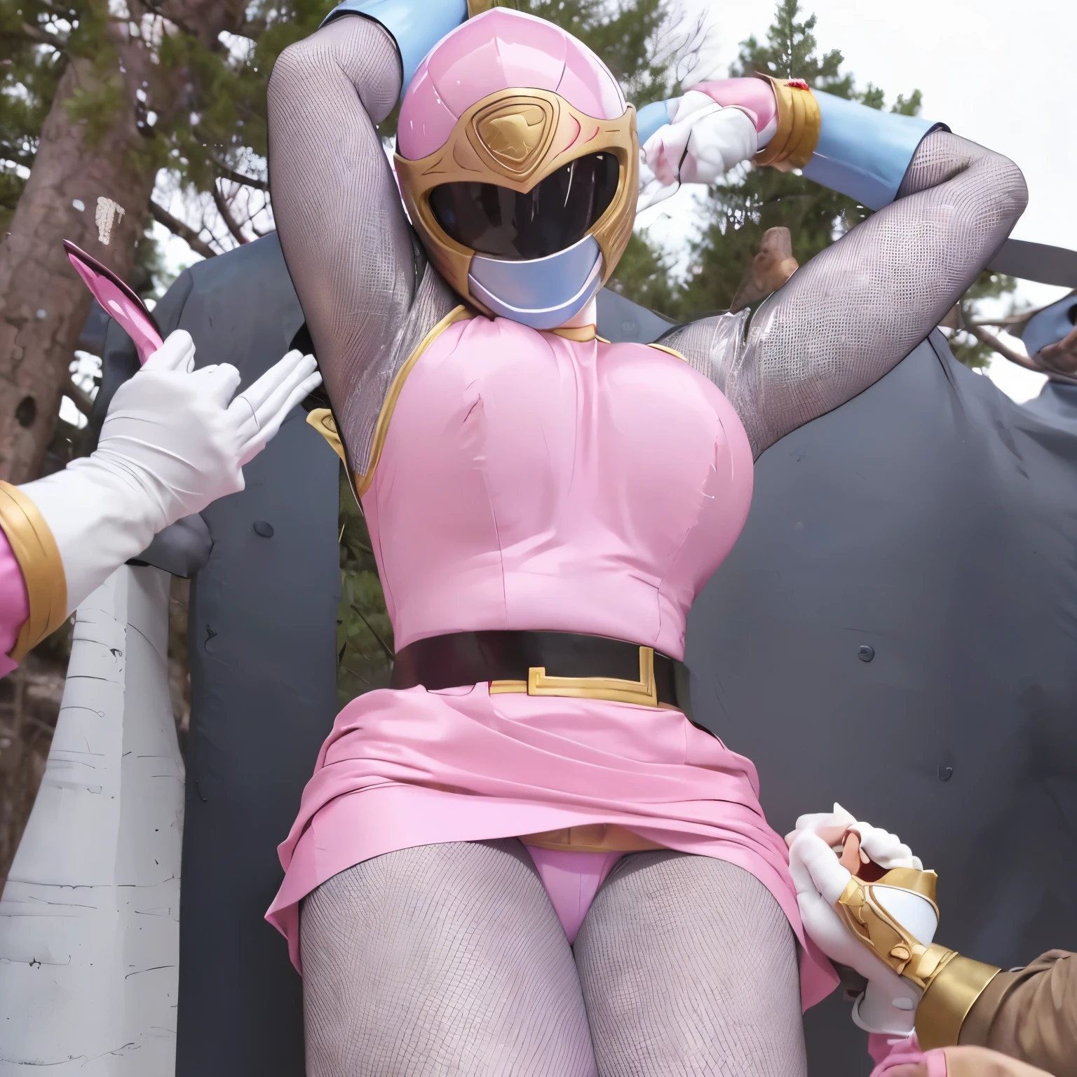 lots of men caught a busty pink super sentai,lots of men surrounding a busty pink super sentai,men grabs her arms and wrapping her arms to capture,pink super sentai’s costume being torned and opened around chest,her gigantic breasts are out,she resisting hard,(pink fullface helmet),(white groves),man grabs her breasts from her behind