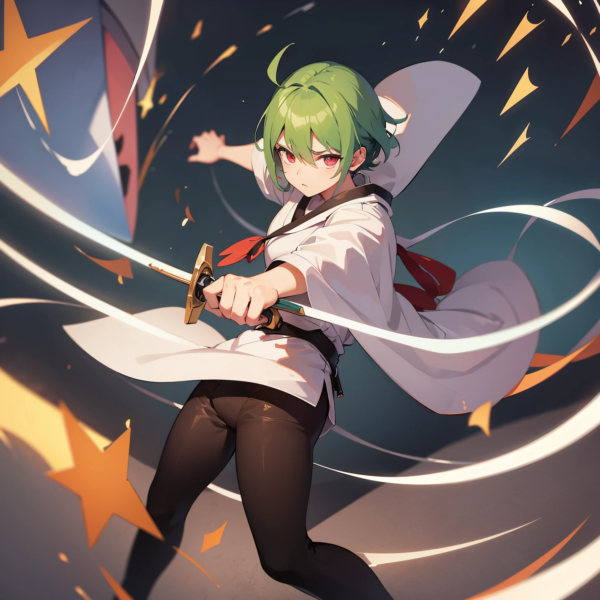 Full body, battlefield, solo focus, white kimono,male,green hair , scar on left eye, sharingan on the right eye, holding two swords 