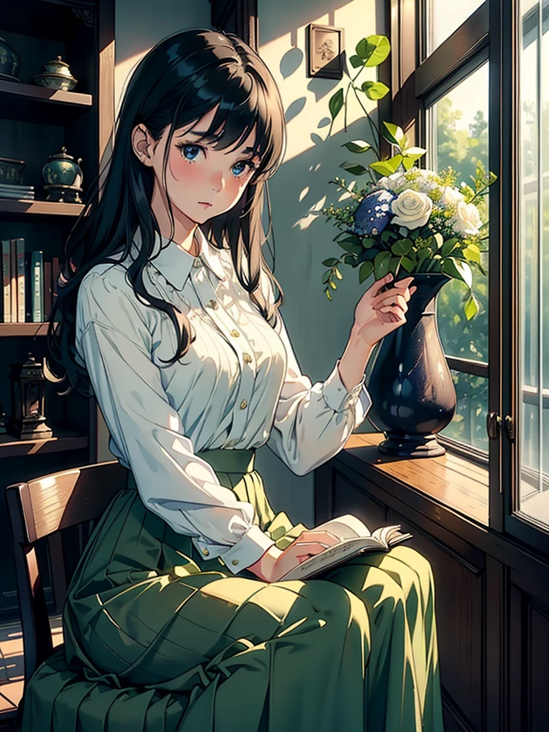 ((Watercolor in Sargent style))、(highest quality、high resolution、masterpiece)、(David Hamilton Style)、(soft focus)、Cinema Angle、cinematic light、soft light、(British traditional public school)、1 woman、23 years old、wonderful、charming beauty、 ((Detailed depiction of a beautiful face))、short black hair、Crisp face、(Detailed facial depiction)、small breasts、small breasts、Sophisticated clothing、((classic uniform))、((long skirt))、(library)、(bookshelf)、Holding a book、perfect hands、(Anatomically accurate depiction of hands and fingers)、(Describe the exact shape of the book)、beautiful environment、calm atmosphere、Calm expression、Quiet moments、Vintage atmosphere、Immerse yourself in reading、bookworm、Thoughtful gaze、classic elegance、 victorian style、A quiet retreat、Majestic bookcase、Traditional atmosphere、Lush green environment、shop window、サイドtable、窓辺のflower、Botanical Garden、table、flower、Foliage plant、wood,