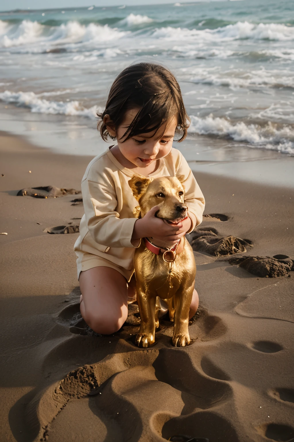 baby (3 year old) play with golden dog on the beach