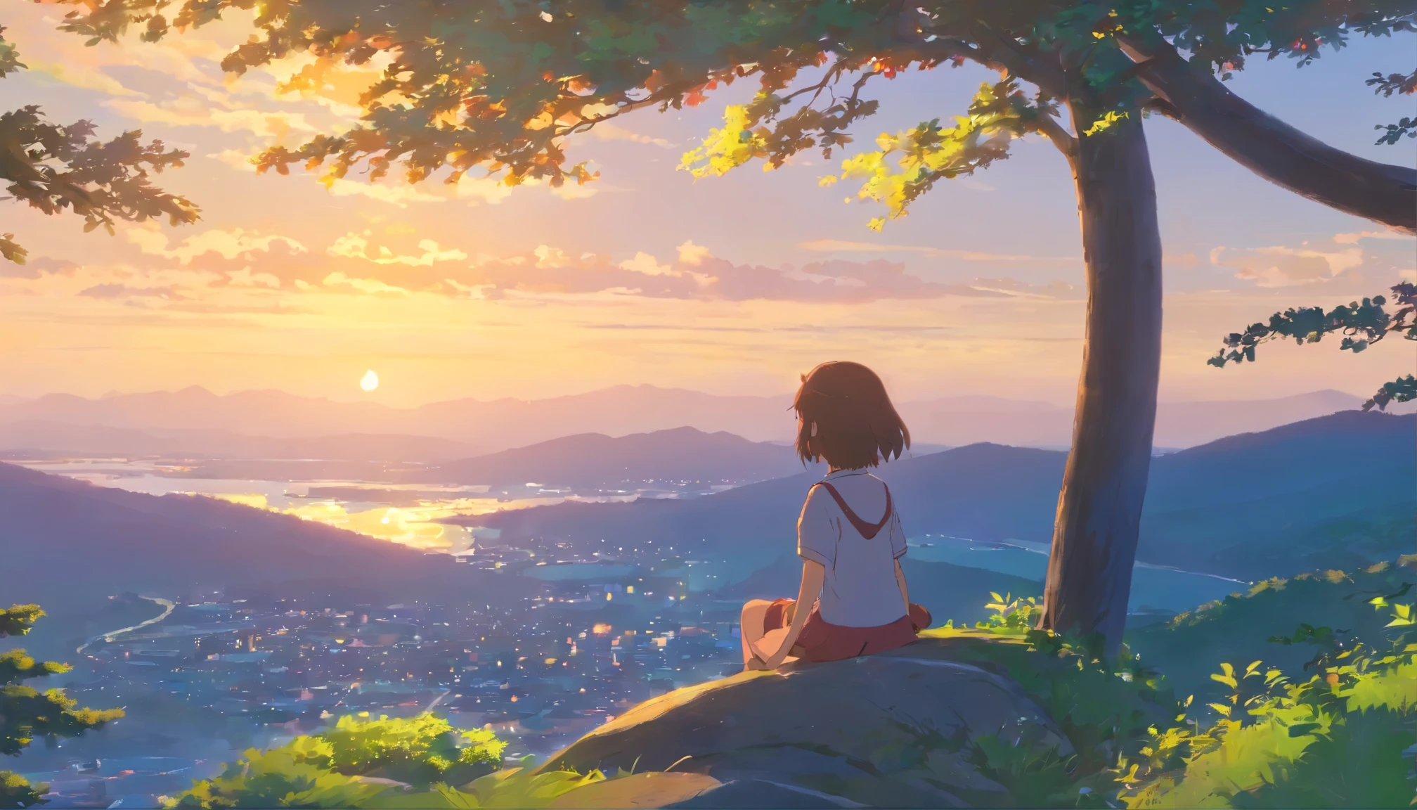 A girl leaning on a big tree，on the top of the mountain，You can see Japanese-style houses at the bottom of the mountain，The evening breeze blows the girl&#39;s hair，girl looking into the distance，Warm style，good，natural beauty，dusk，Xin Haicheng style，high quality，16k，high resolution，Detailed depiction